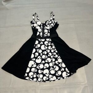 VTG Y2K Skull‎ Mini Dress Black Fit Flare Halloween Whimsical Emo Skate-S-3239